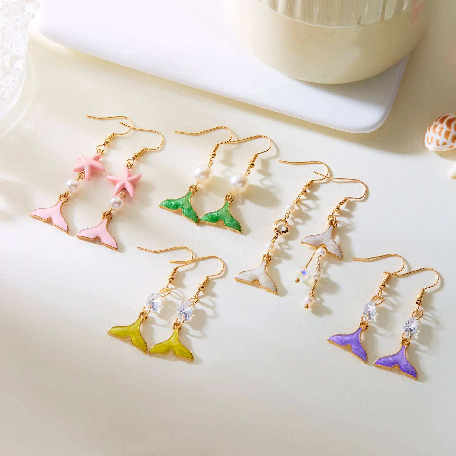 Little Fresh Mermaid Earrings Fashionable and Versatile Starfish Pearl Mermaid Asymmetric Tail Earrings