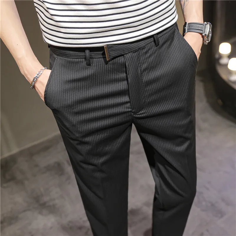 

2023 New Brand Pants Men Pleated Pants Korean Fashion Ankle Length Streetwear Casual Pants Male Suit Stripe Trousers 28-38