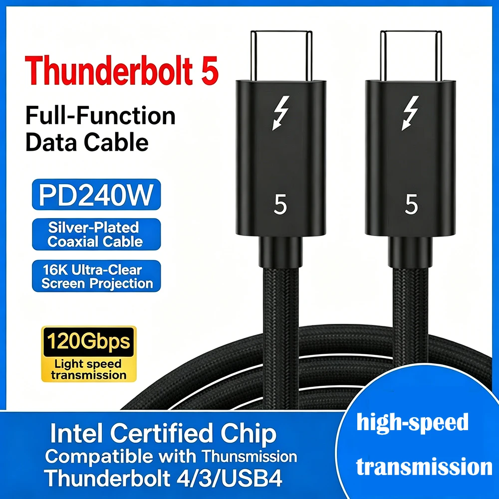 Thunderbolt 5 Coaxial Cable USB4 Type C To Type C 120Gbps PD 240W Fast Charging Cable 16K Compatible for Mac/PC Full-Function