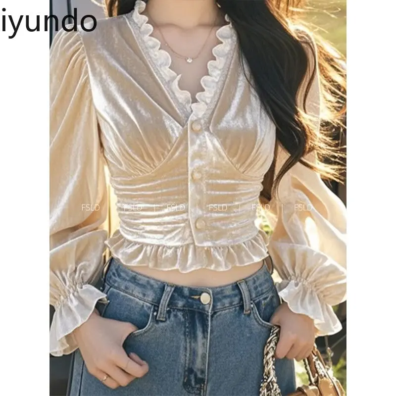 Fluwelen champagnekleurige damesblouse - Elegante luxe herfsttop Unieke stijlvolle shirts voor dames Chemise Satijn