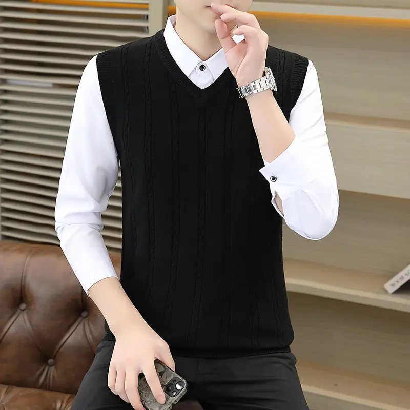 Chaleco de punto sin mangas con cuello en V para hombre, jersey ajustado de estilo coreano, versátil para jóvenes, otoño e invierno