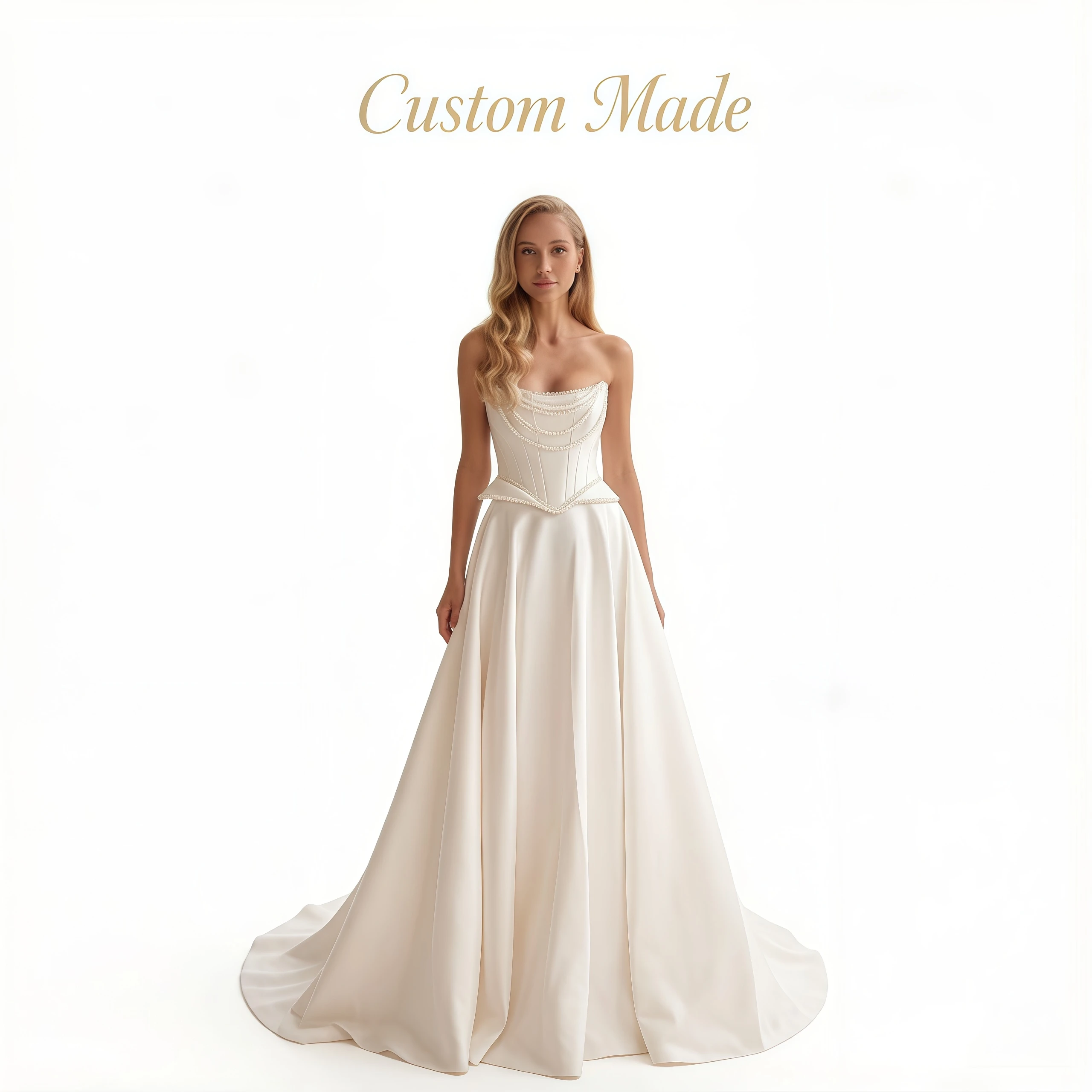 

Kitty Customized Luxury Wedding Dress Strapless Sweetheart Neck Backless Beaded Corset Bodice Satin A-Line Train Bridal Gowns