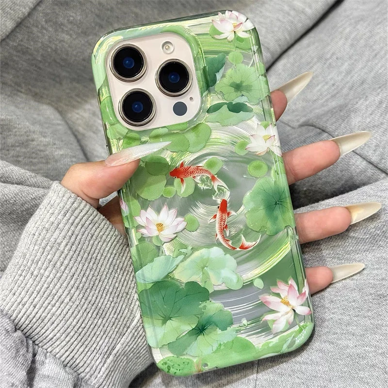 Perforierte Cyclone IND Lotus Koi Handyhülle im chinesischen Stil für iPhone 11 12 13 14 15 16 17 18 Pro Max – Detail 3