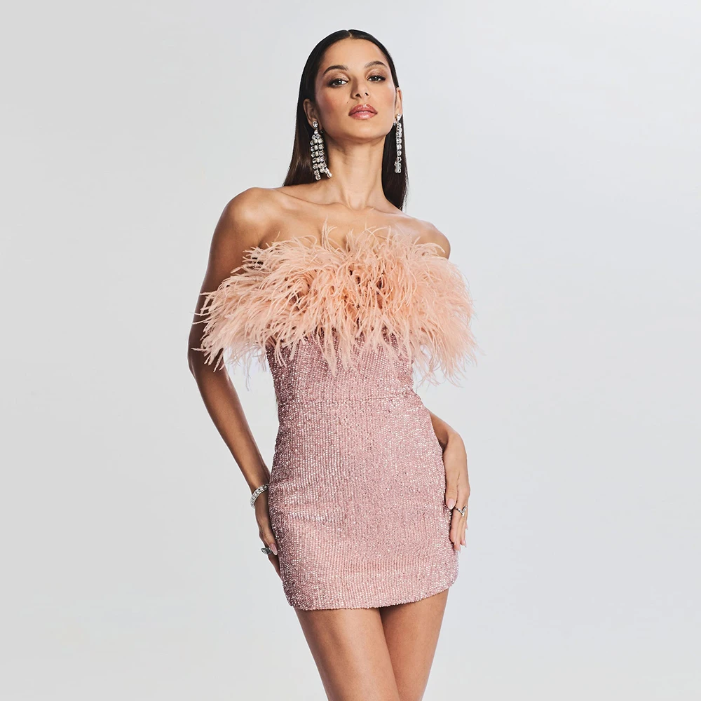 

Pink Color Women Sexy Shinning Sequins Feathers Strapless Bodycon Mini Dress Fashion Birthday Party Celebrate Dress