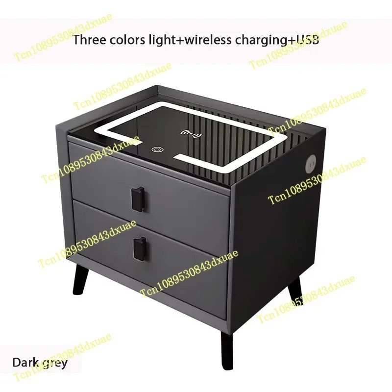 Modern Multifunctional Smart Nightstand MDF Bedside Table LED Light Wireless Charging USB Charging Fingerprint Lock