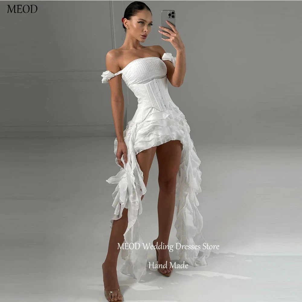 

MEOD Short Organza Wedding Dresses Bride Off The Shoulder Mini Buttons Vestidos De Novia Modern A Line Strapless Gown Customized