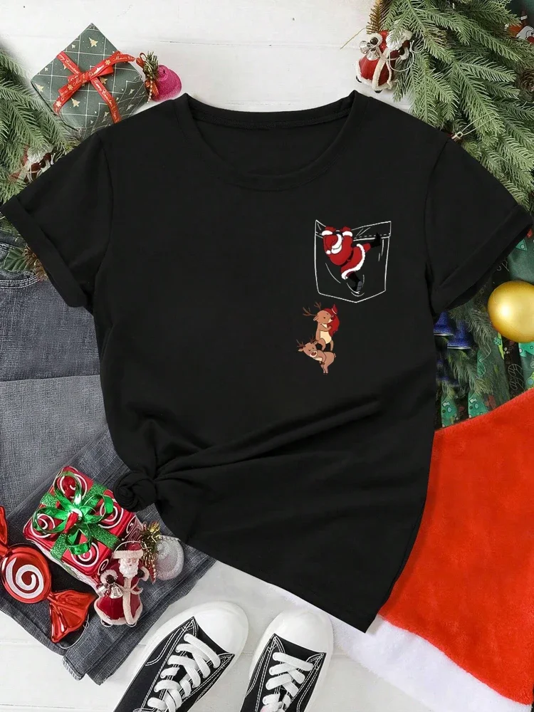 Feliz natal feminino t camisa engraçado papai noel rena bolso impresso t camisa casual feminino adequado para toda a temporada