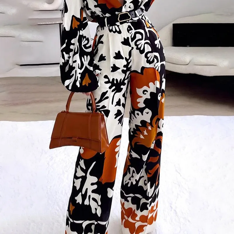 Vacation Outfits Y2K INS Long Sleeve Button Shirt Top Loose Pants Suit Tracksuit Autumn Print Pants Two Piece Set for Women 2024