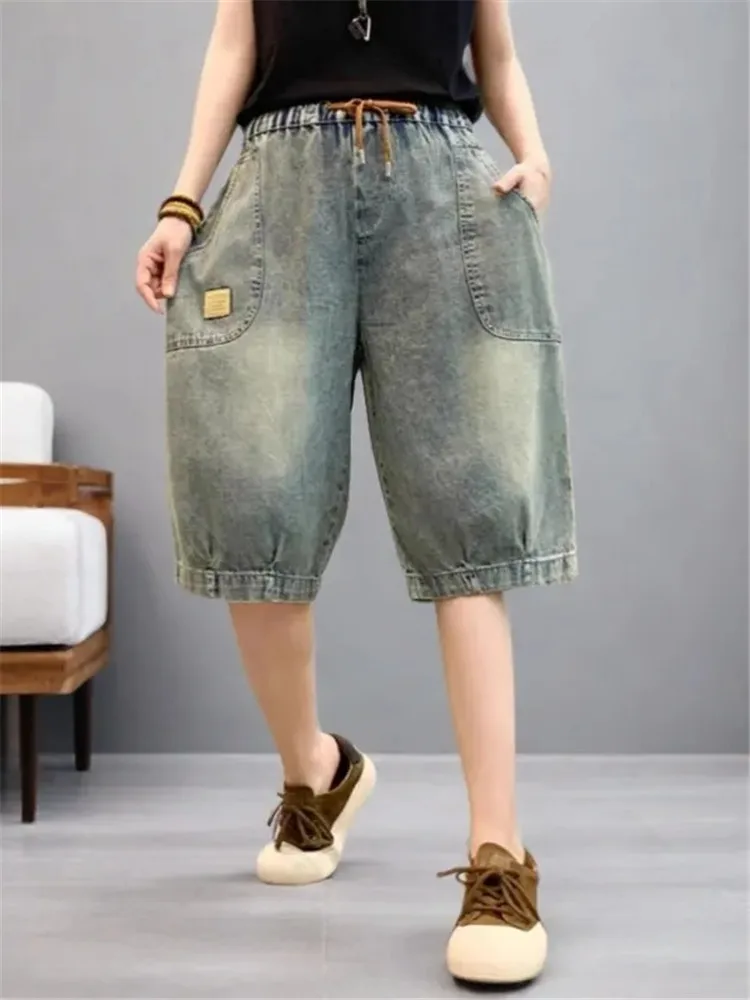 

Elegant Fashion Harajuku Slim Fit Women's Clothing Casual All Match Denim Shorts High Waist Pockets Thin Style Wide Leg Pants