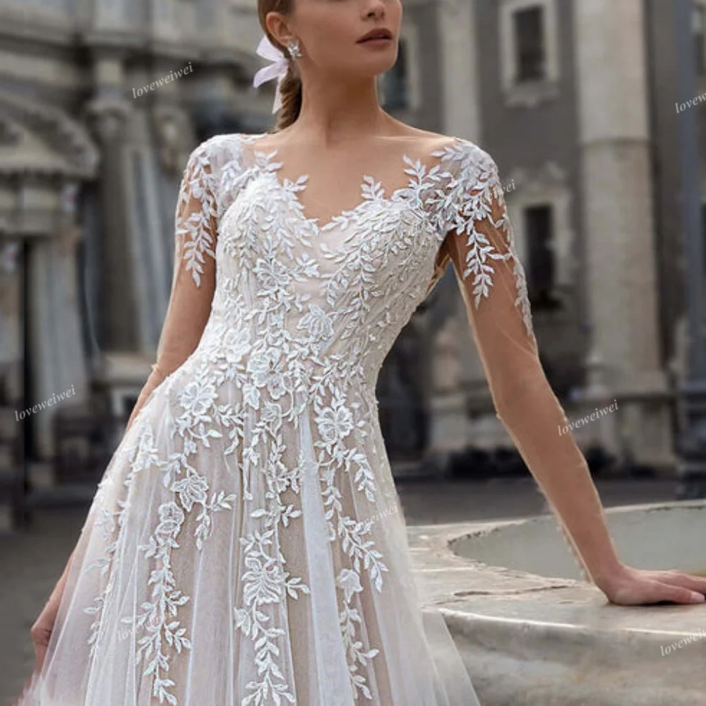 Robe de mariée en dentelle rose avec appliques A-Line pour la mariée, tulle de luxe, manches longues, élégant, moderne, patients, quelle que soit la nouvelle robe éducative