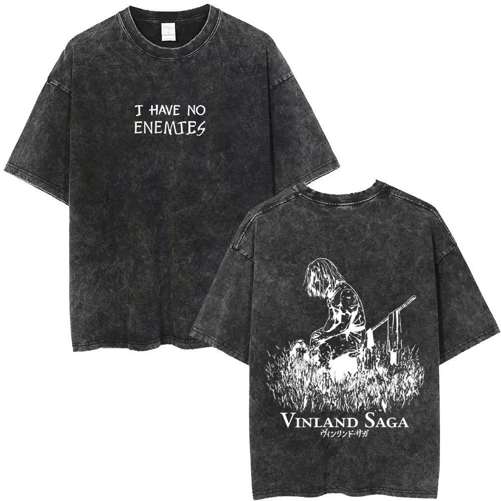 Anime Vinland Saga Thorfinn Ich habe keine Feinde Vintage Washed T-Shirt Herren Damen Manga Lässiges Oversize T-Shirt Männliche Streetwear – Detail 5