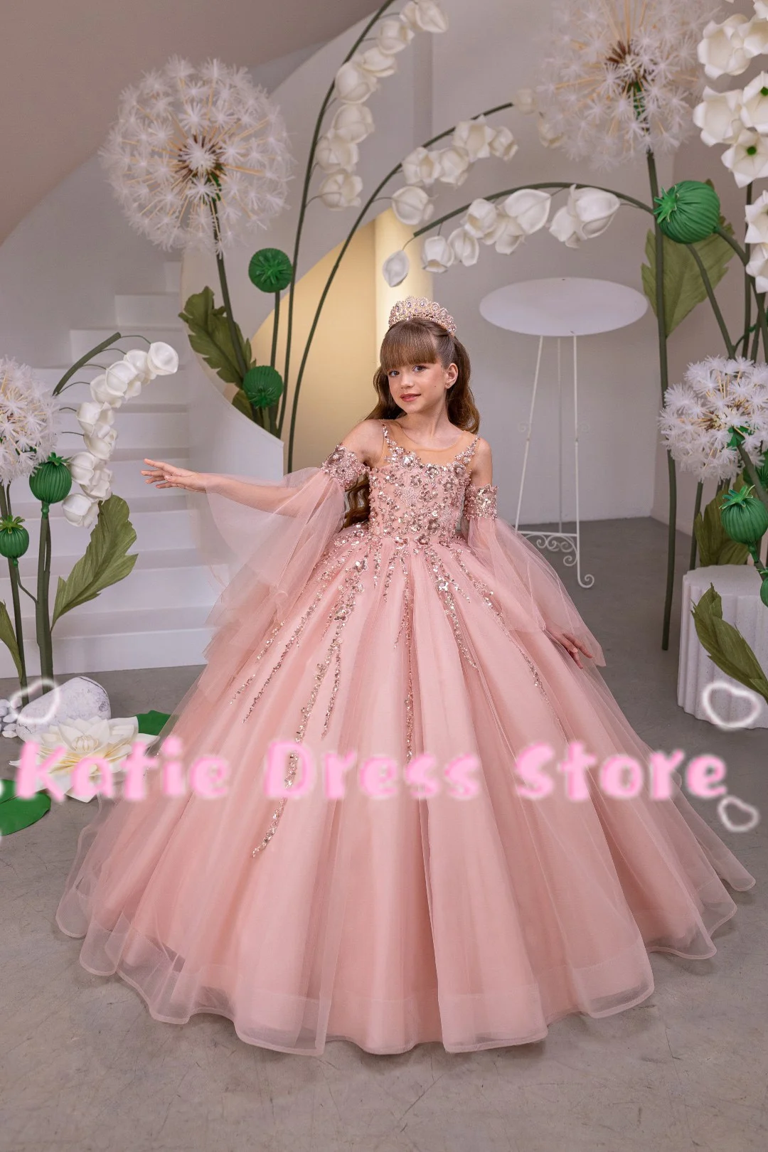 Luxurious Flower Girl Dress For Wedding Tulle Sequins Puffy Applique Kids Birthday Party First Communion Ball Gowns Customized