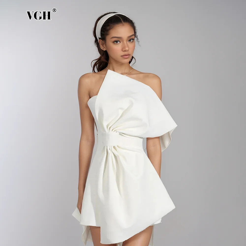 VGH Elegant Spliced Bowknot Party Dresses For Women Strapless Sleeveless Backless High Waist Slimming Short Dress Female Style