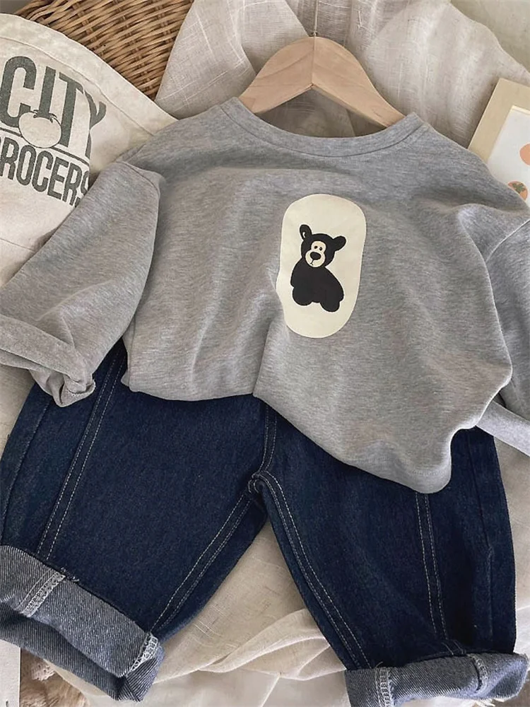 Camiseta de Algodão Coreana Estilo Desenho Animado Manga Longa para Meninos e Meninas Primavera Outono Nova Moda Menina Pequena 100% Algodão...