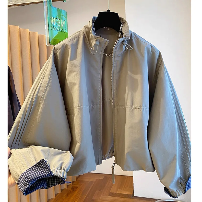 

NEW Short Stand-up Collar Jacket For Women's Spring and Autumn Loose Thin Plaid Splicing Windbreaker Bomber Coat Outfits