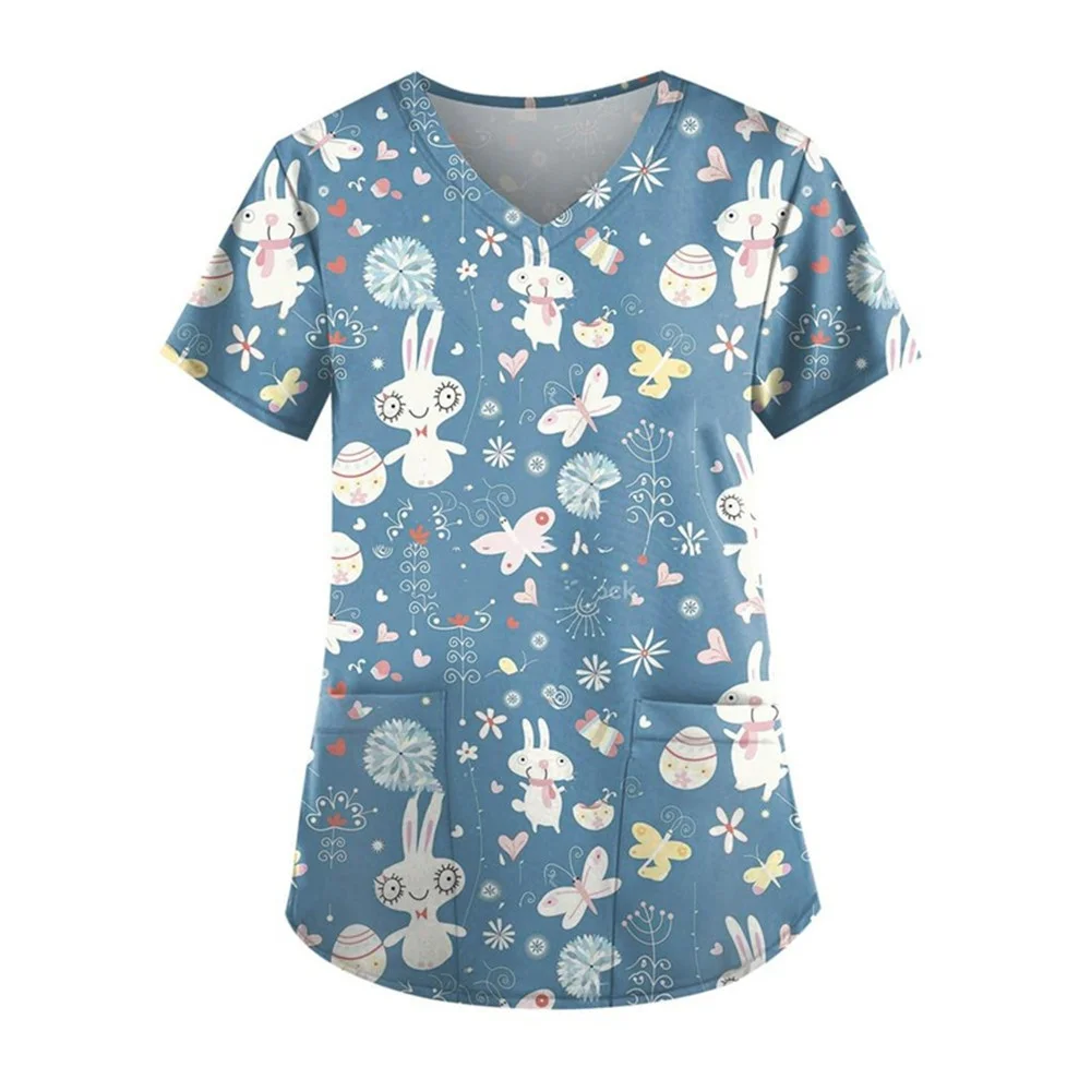 Women Short Sleeve V-neck Flower Pattern Top Nursing Working Uniform T-shirts Short Sleeve Blouse Pet Groming Veterinaria Tops