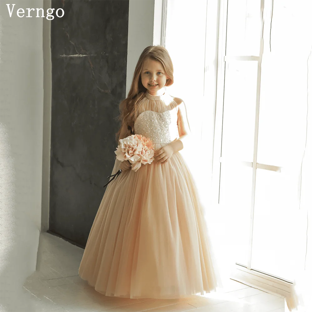 

Verngo Champagne Tulle Birthday Party Dresses Sequined Halter A Line Prom Gowns Kid Princess Girl Flowers Dress Customized