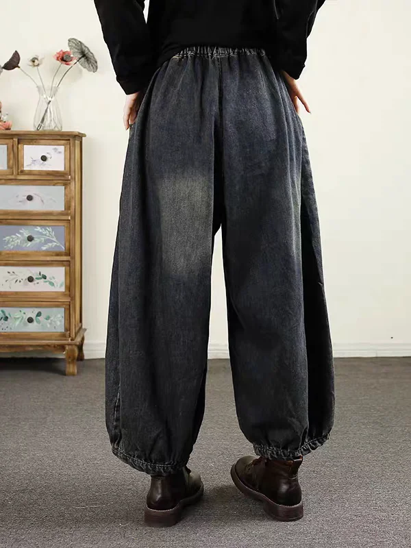 レトロな大きいサイズの色あせたジーンズ女性の秋冬ルーズ弾性ウエスト痩身ランタンパンツ多用途ハイウエストコットンジーンズ