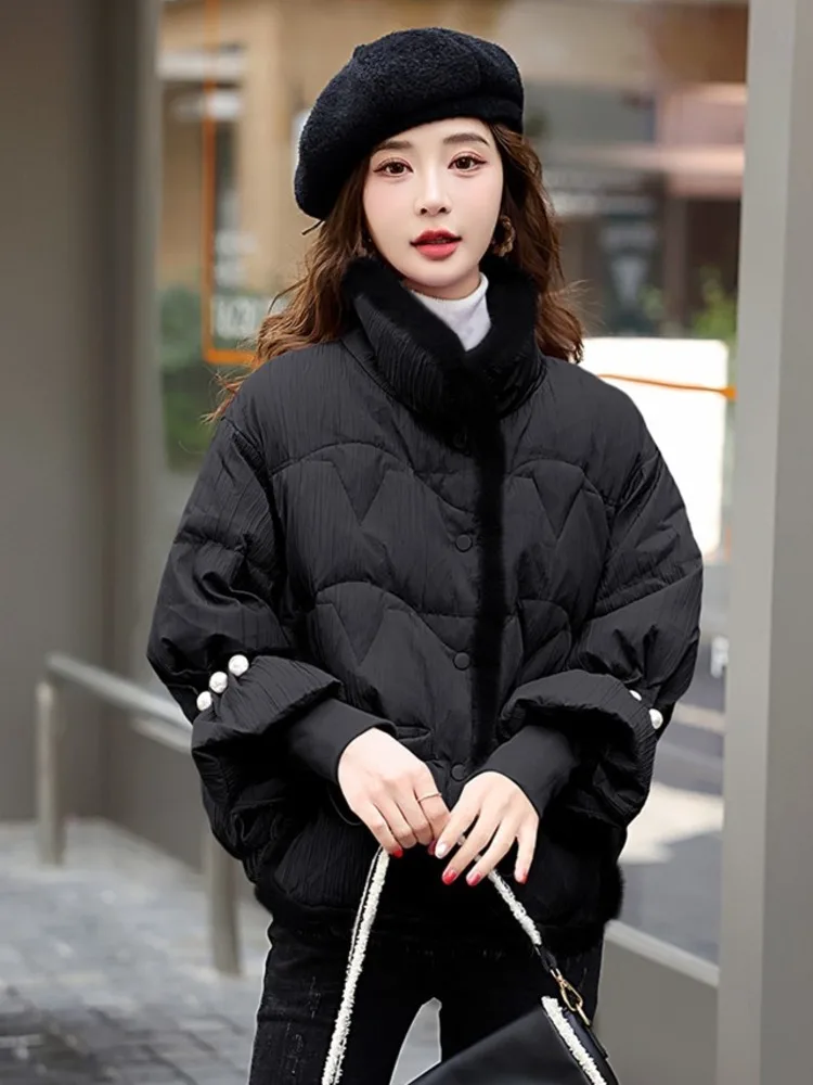 Winter 90% White Duck Down Jacket Women Fashion Short MInk Fur Trim Pear Sleeve Puffer Coat Stand-up Collar Warm Parkas Outwear