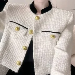 Womens Elegant Tweed Cropped Tops Casual Vintage Short Jackrts Spring Korean Fashion Slim Coats Sweet Chic Chaquetas 2024 New