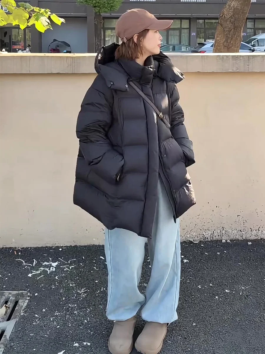 Chaqueta acolchada con capucha para mujer, abrigo largo holgado de pan, abrigo cálido con relleno de plumón, ropa de abrigo informal holgada para invierno