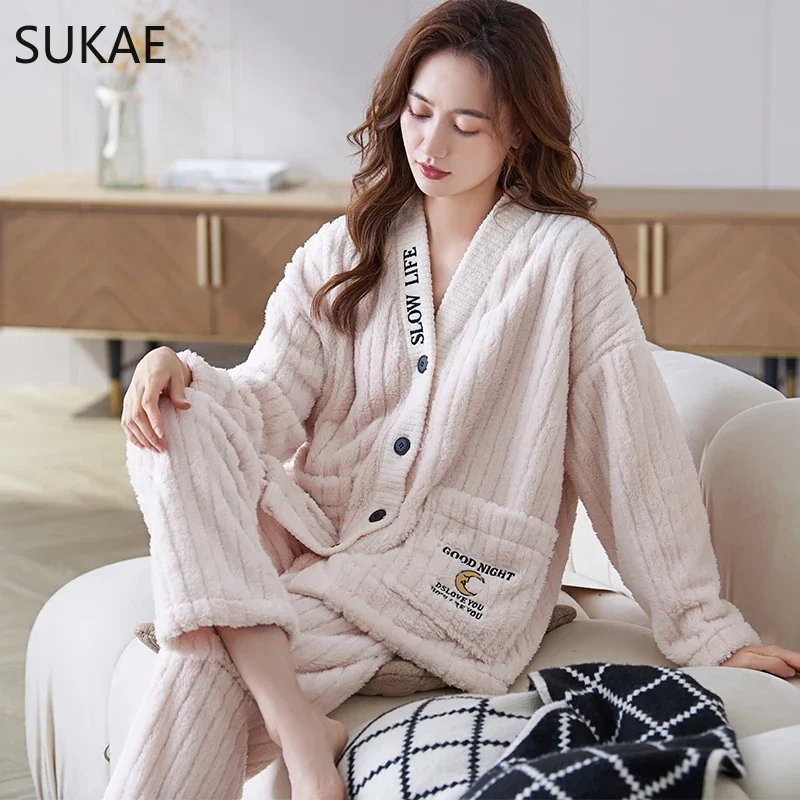 SUKAE Winter Coral Fleece Womens Thermal Pajamas Set Thick Sleepwear Girls Pijamas Kimono Lapel V-neck Homewear Fluffy Nightwear