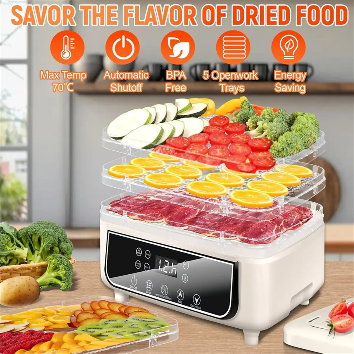 Compatible Dehydrator, Dehydrator with 5 Compartments, Food Dehydrator with 72H Timer, Food Dehydrator for Fruits Eu Plug
