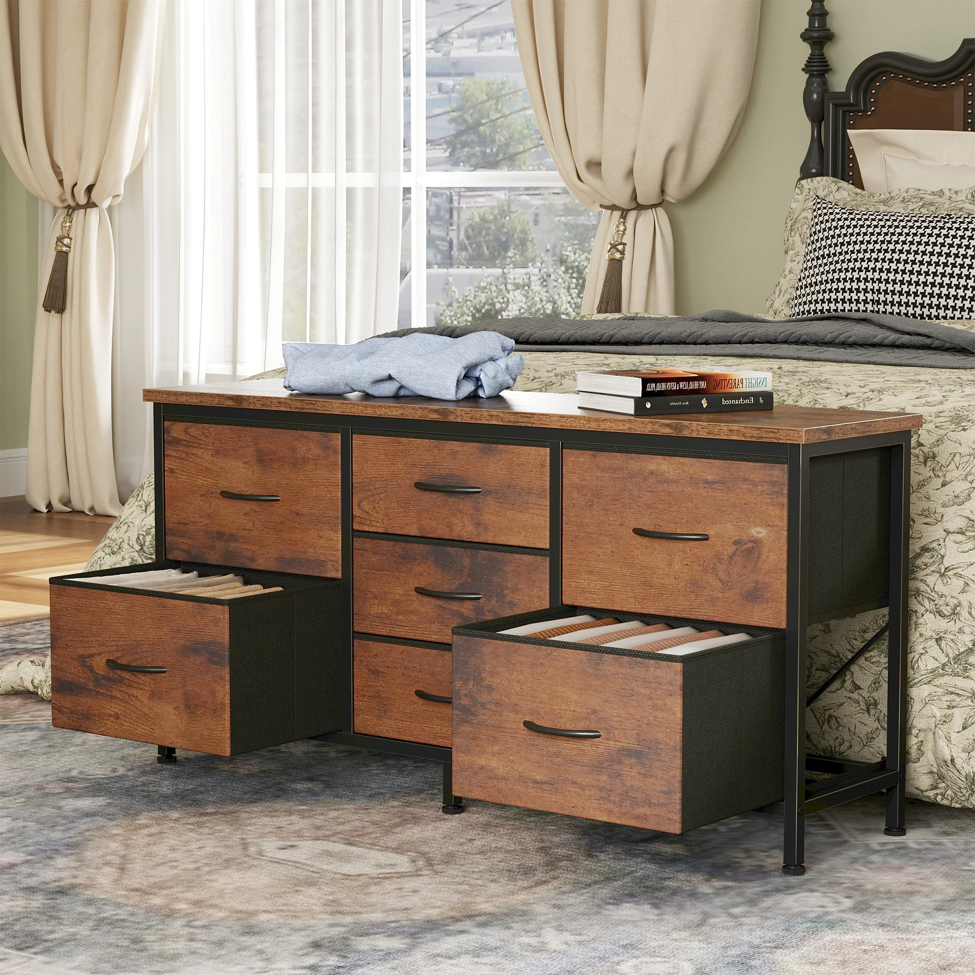 MCQ TV Stand Dresser 7 Drawers Fabric Cabinet For Living Room Storage Closet Chest of Dresser Tables Nightstand Display Storage