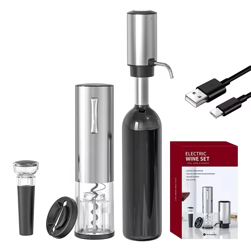 2024 New Design 4-in-1 Lithium Rechargeable Electric Bottle Wine Opener Set, Wine Aerator Pourer,Foil cutter,Wine stopper