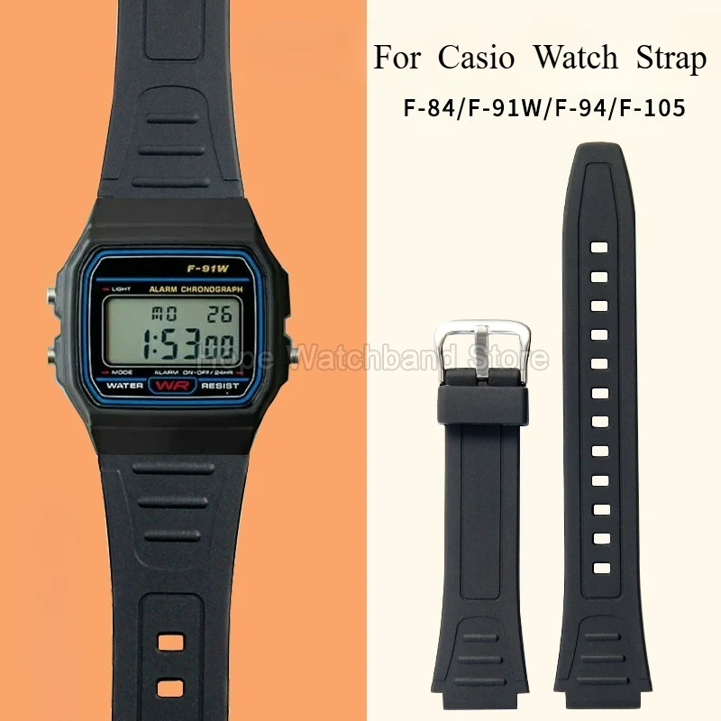 18mm Convex End Design Sport Series Waterproof Sweatproof Resin Watch Strap for Casio F-105 F-91W W-217H W753 Black Style Band