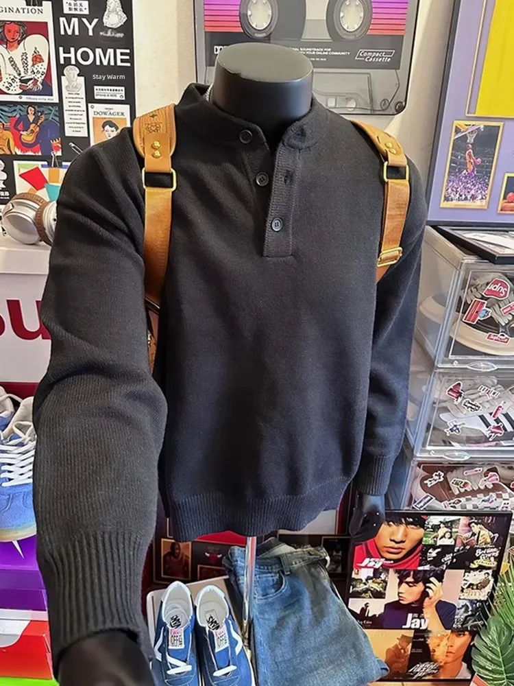 

Bla Henry Collar Knitwear Men's Sle Autumn American Retro High-End Feeling Base Layer irt Inner Wear Casual Loose Fit