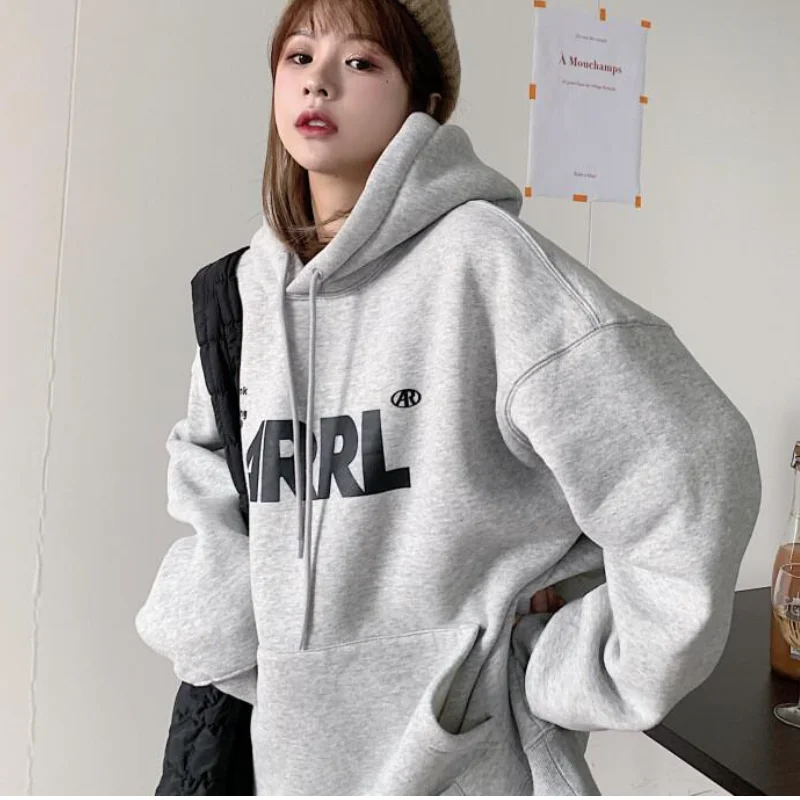 

Толстовка с капюшоном в корейском стиле, женская толстовка с флисовой подкладкой, свободный крой, новинка ранней весны, легкая однотонная толстовка в стиле Харадзюку