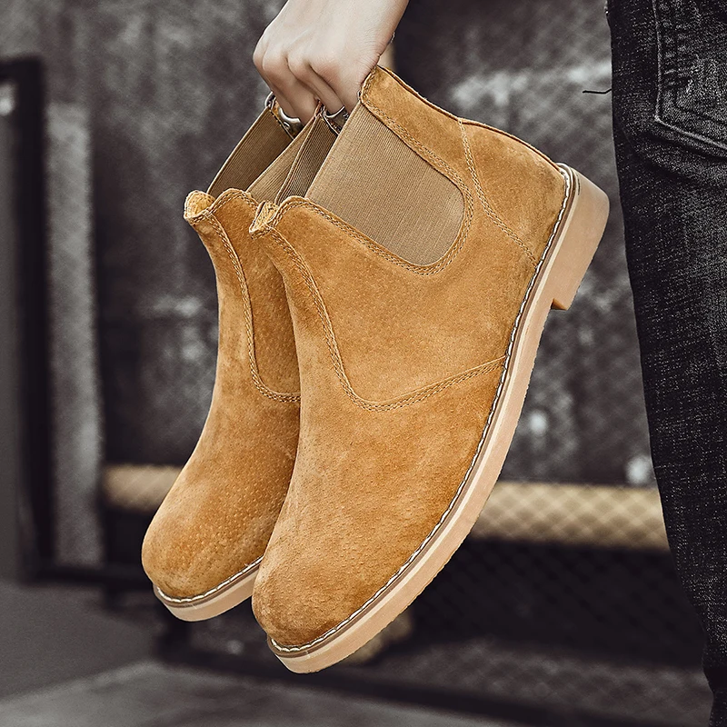 

High Quality Men's Chelsea Boots Comfy Slip-on Suede Short Barrel Boots Men Fashion Brown Casual Ankle Boots Man botas masculino