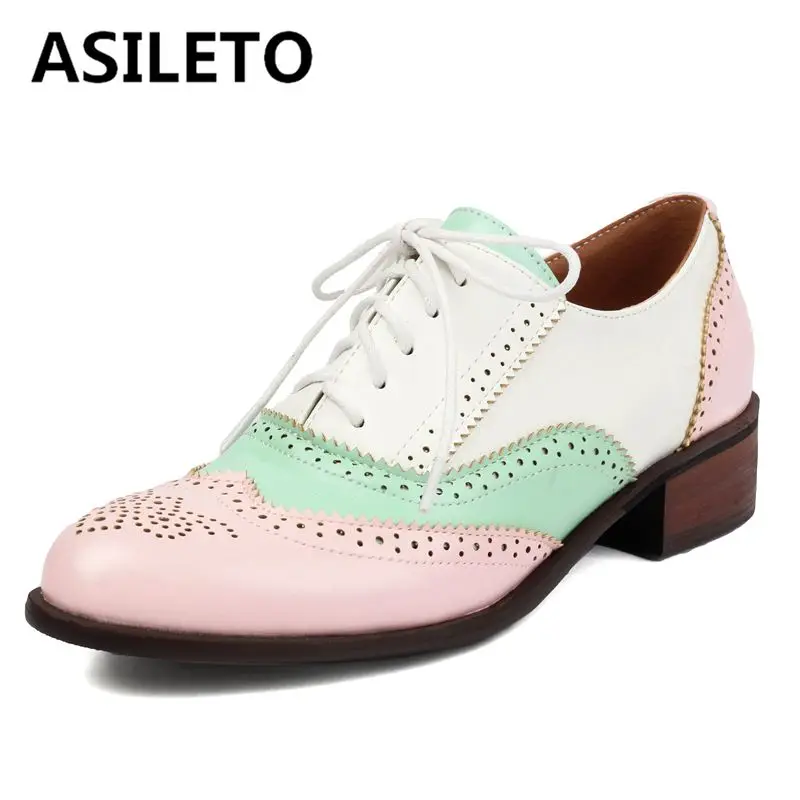 ASILETO British Style Vintage Women Flats punta tonda tacchi spessi colore misto Lace Up Brogues scarpe Casual Big Size 47 48