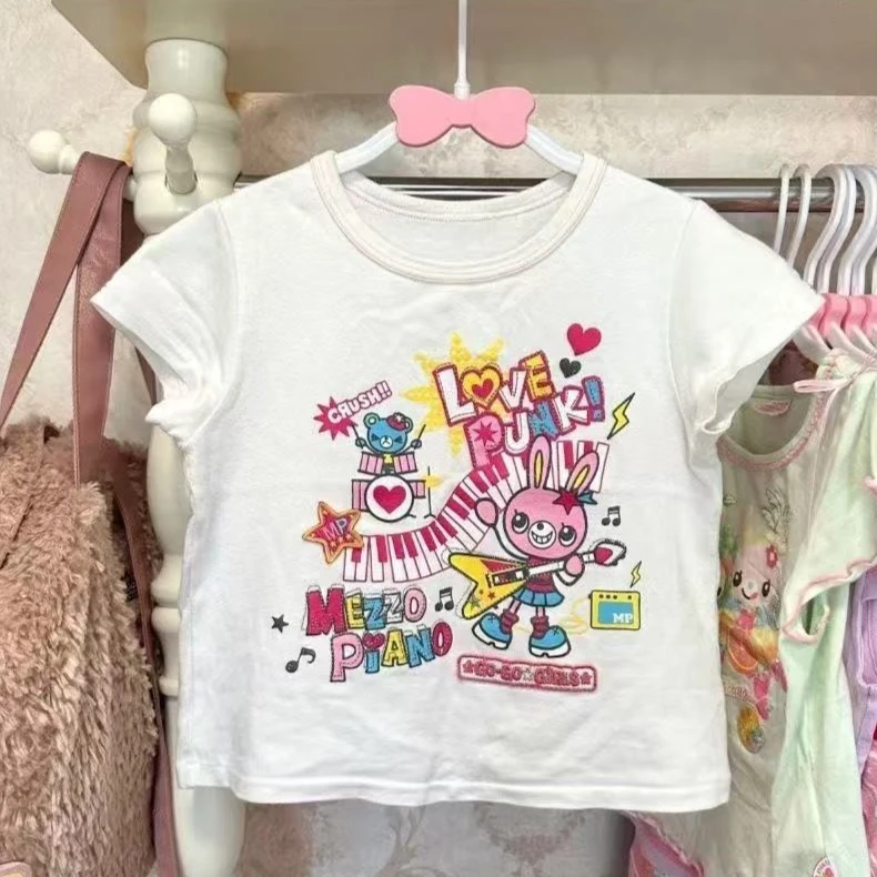 Kawaii Y2K Sweet Girl Short Sleeve Tee Donut Print Loose Casual Daily Summer Streetwear Fashion Outfits New Cute Aesthetic Style