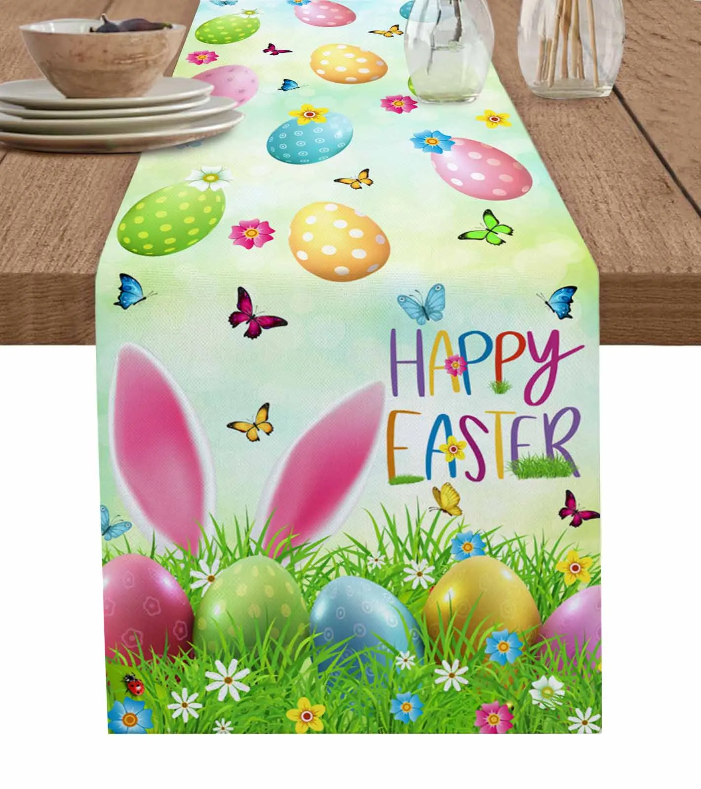 

Easter Eggs Bunny Ears Butterfly Table Runner Wedding Decor Table Runner Holiday Dining Table Decor Linen Tablecloth