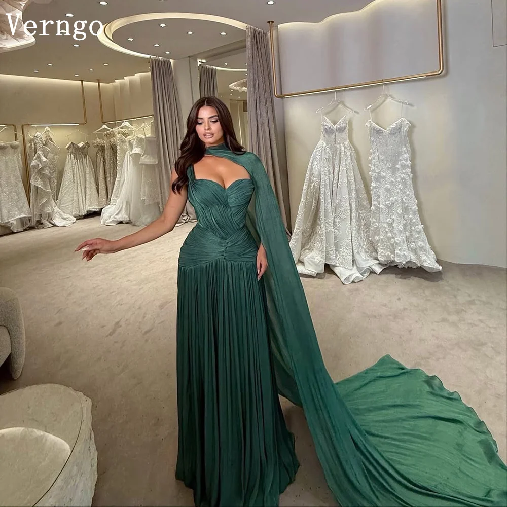 

Verngo Dark Green Shiny Chiffon Evening Dress Shawl Elegant Formal Occasion Dress A Line Prom Party Gown Customized