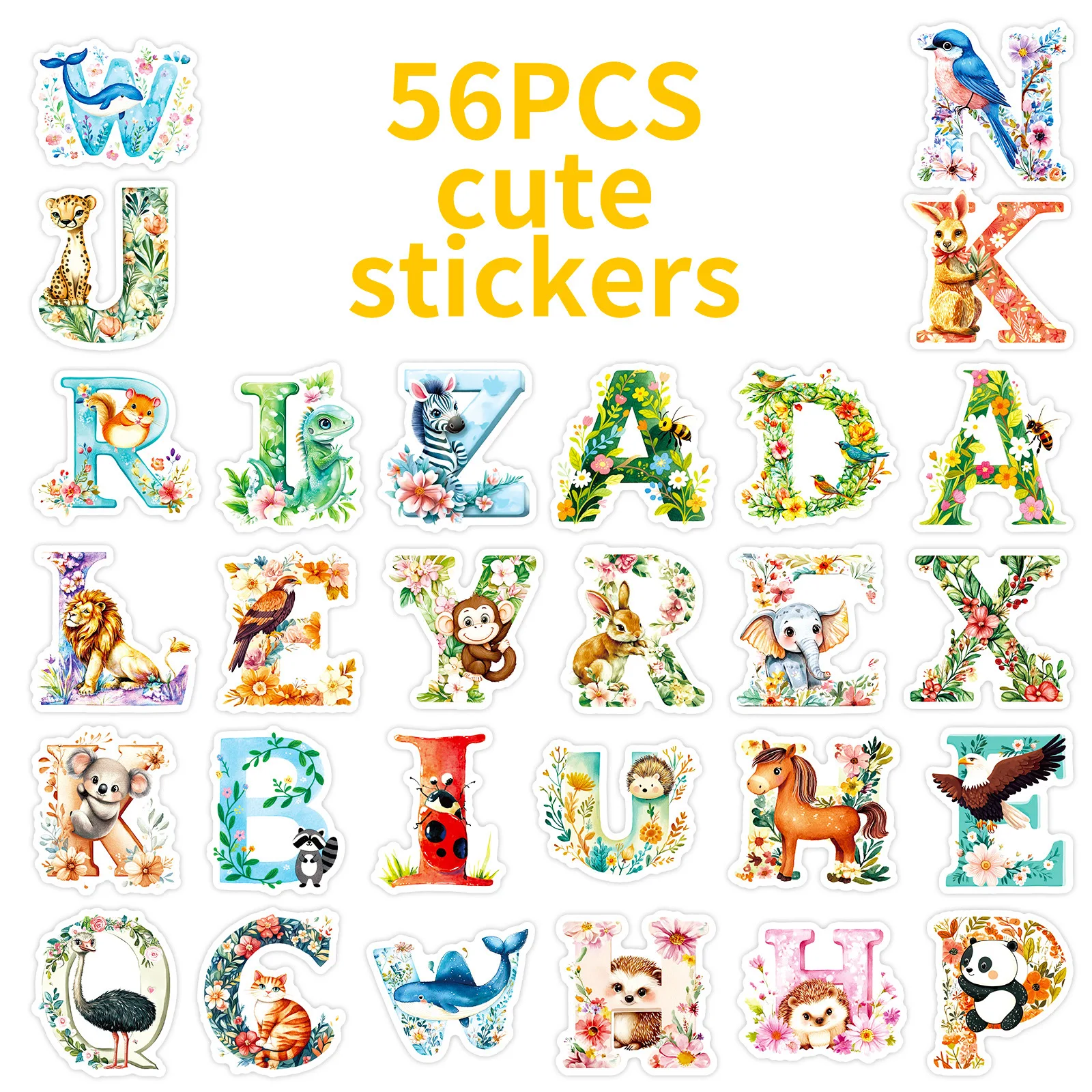 สติกเกอร์ตัวอักษรลายดอกไม้สัตว์น่ารัก 56 ชิ้น สไตล์สีน้ำ สติกเกอร์ตกแต่งตัวอักษรภาษาอังกฤษแบบสร้างสรรค์