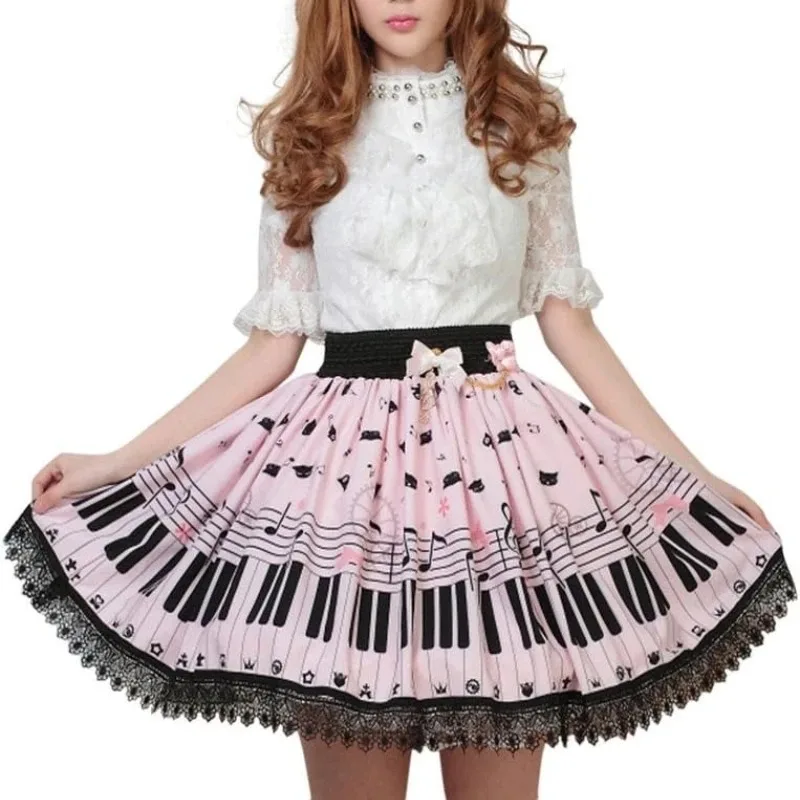 

1920 розовая полиэстеровая кружевная юбка в стиле Лолиты с принтом фортепиано и клавиатуры, женское платье