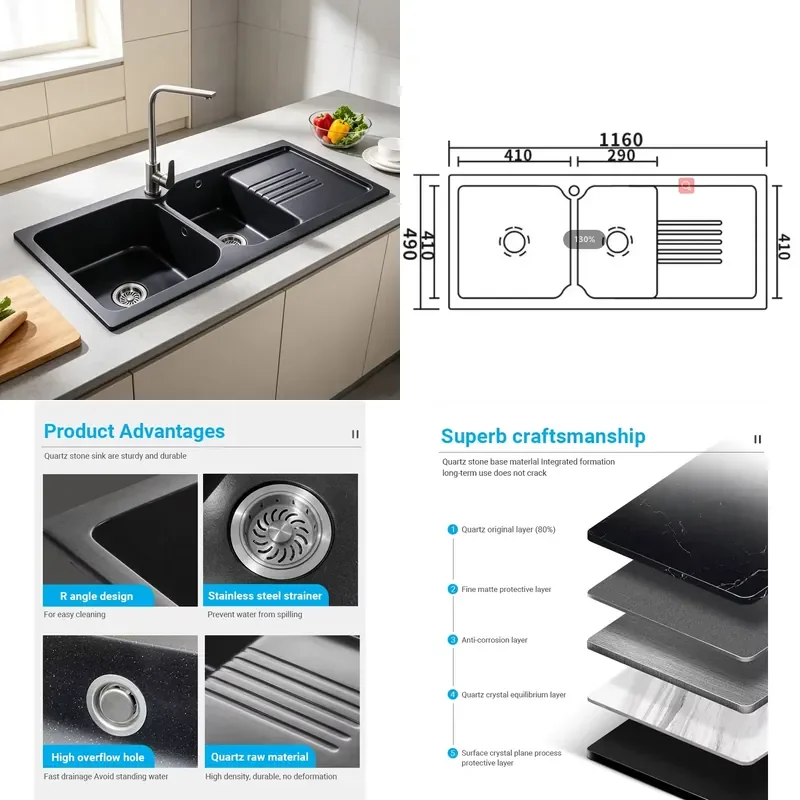 for Modern Deep Double Bowl Kitchen Sink Above Counter Mount Easy Clean Quartz Granite Composite Basin with Full Accessories Set