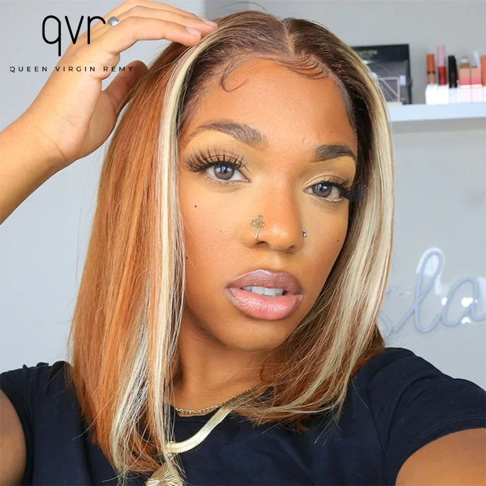 

QVR Ombre Orange Blonde Straight Bob Glueless 13x5x1 Lace Frontal Human Hair qvr 180% Density Short Bob Human Hair Wig For Women