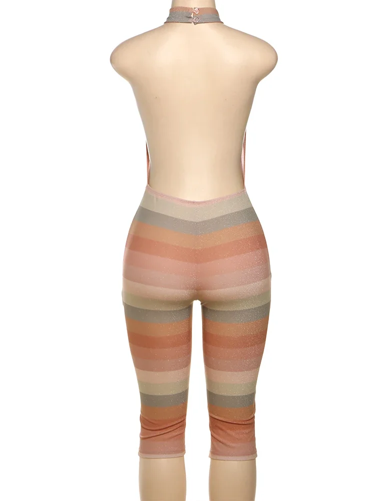 Weird Puss Backless Romper Women Colorful Print Sleeveless Summer Fit Bright Silk Midnight Club Workout Activity Sexy Overalls