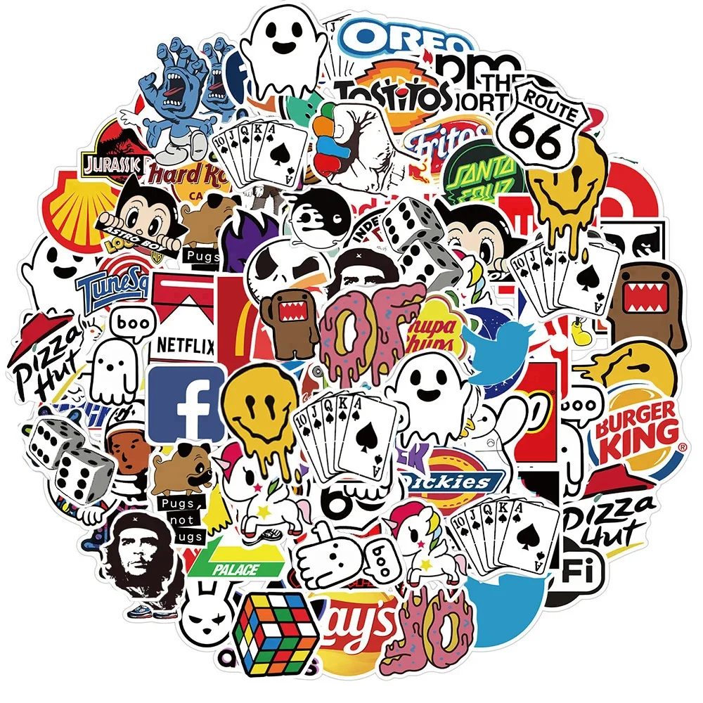 100Pcs Cool Brand Logo Stickers Fashion Decals Collected Motorcycle Phone Car Graffiti Calssic Sticker Kid Toy Gift