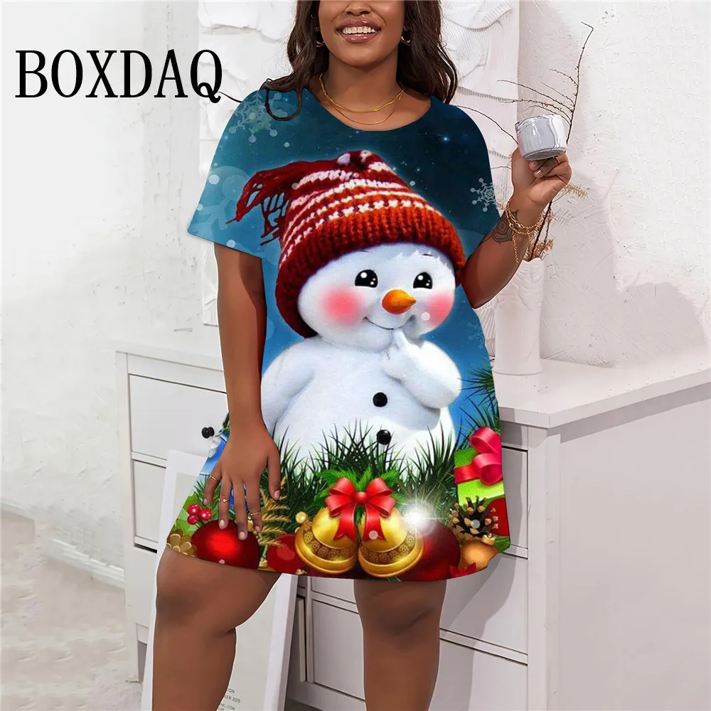 

Loose Winter Christmas Snowman Print Dress Women Casual Party A-Line Dresses Autumn 2024 Short Sleeve Fashion Plus Size Clothing