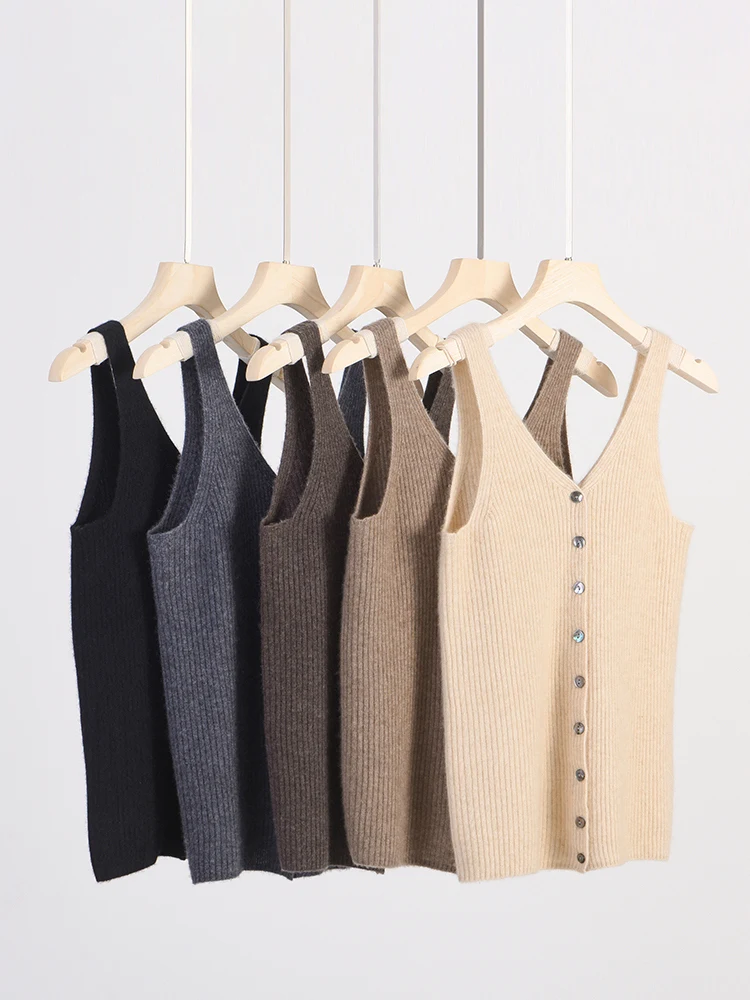 100% Cashmere Knitwear Camisole Spring Summer Fall Women V-neck Cashmere Vest Office Lady Sleeveless Soft Slim Cardigan Sweater