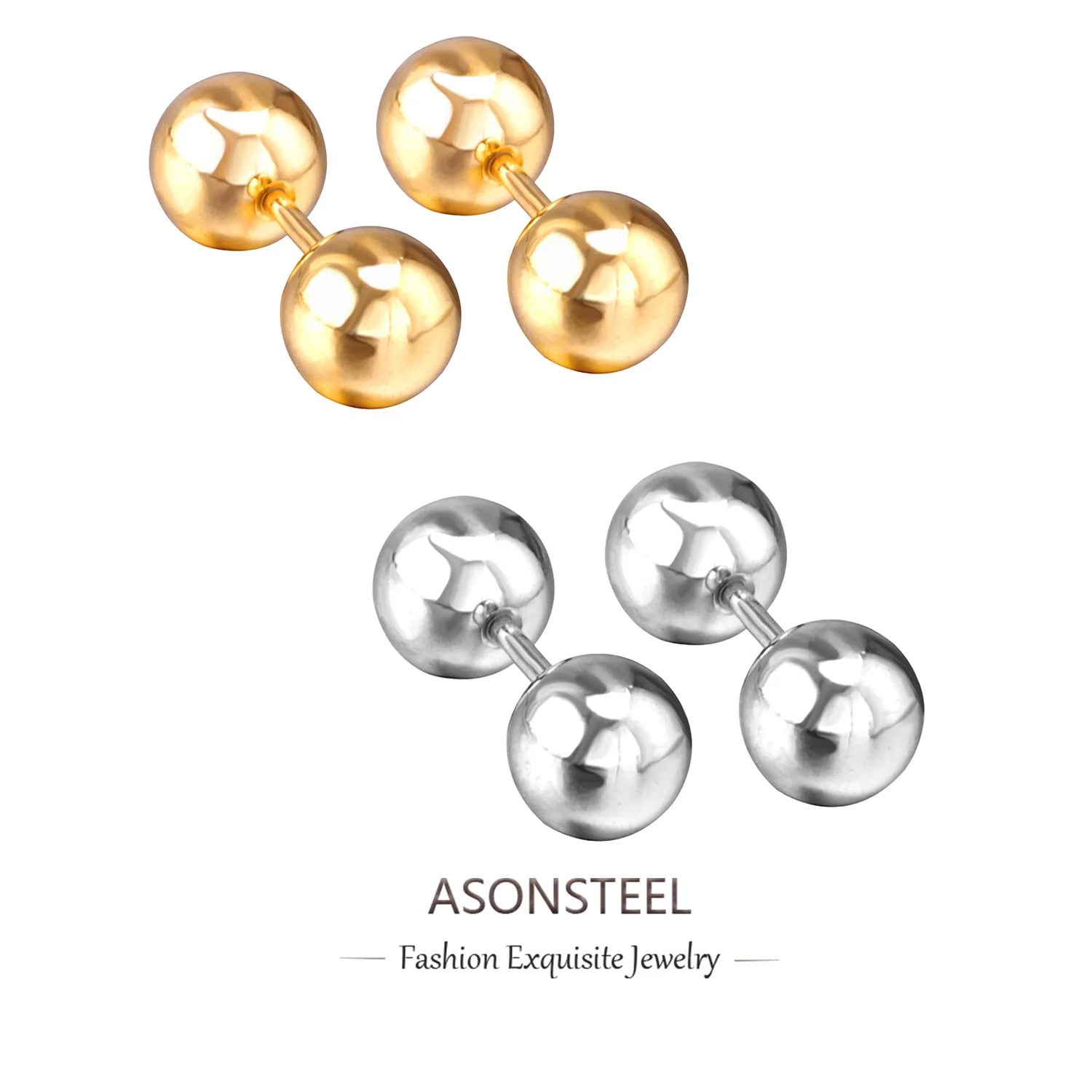 

ASONSTEEL 8 мм размер двойные шариковые серьги-гвоздики для пирсинга из нержавеющей стали золотого цвета для женщин и мужчин, не вызывает аллерг...