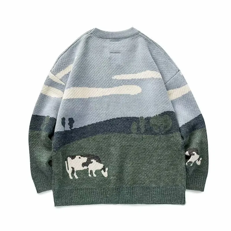 KIDWHXR Herren Herbst Strickpullover Koreanischer Stil Bedruckter Rundhals-Pullover Locker Sitzender Langarm-Komfort-Pullover für Männer – Detail 5