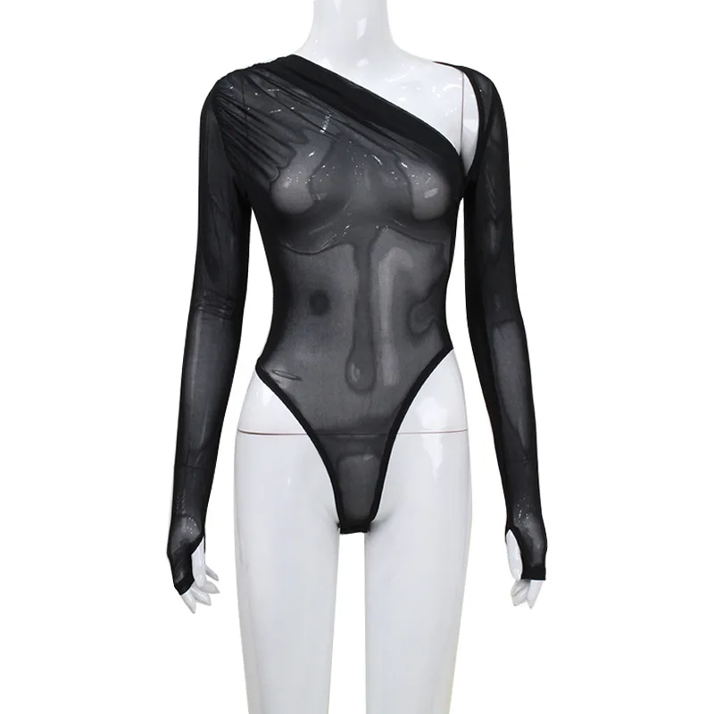 Absobe 여성 섹시 비대칭 넥 메쉬 시스루 바디수트 긴팔 나이트클럽 솔리드 컬러 롬퍼 탑 패션 파티웨어