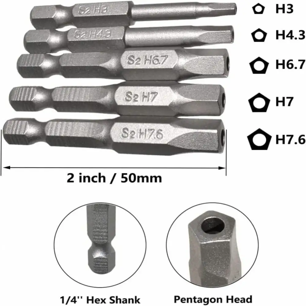 Magnética Pentágono Cabeça Chave De Fenda Bits Set, Elétrica Mão Chaves De Fenda, Cinco Lados Figura Parafuso Driver Broca, 5Pcs por Conjunto