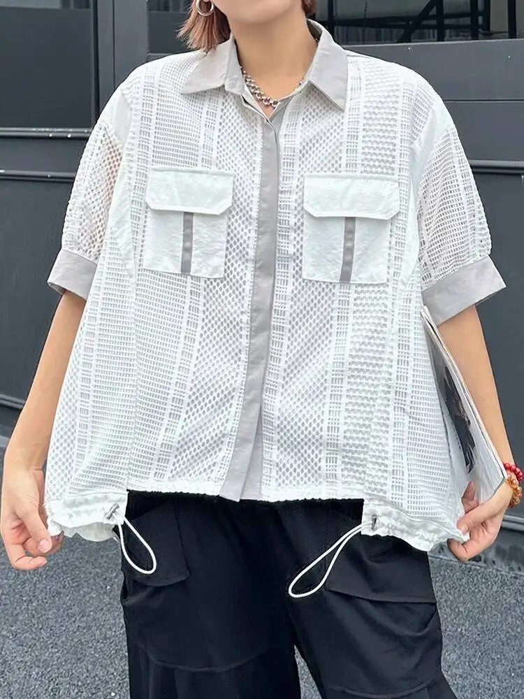 Women White Hollow Out Drawstring Big Size Blouse New Lapel Short Sleeve Shirt Fashion Tide Spring Summer